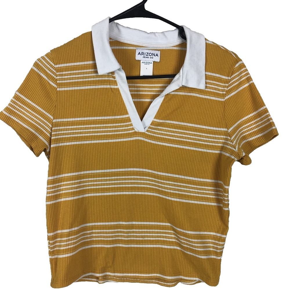 Arizona jean company shirt women's large mustard‎ white Striped collared cropped